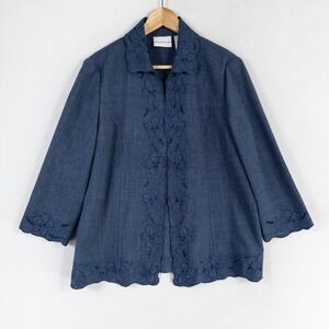 Alfred Dunner Blazer Jacket Womens Sz 12 Blue Open Front Embroidered Floral Trim